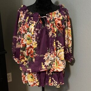 Pinky Floral Boho Blouse 1X Purple Peasant Tie Neck Cottagecore Top Flowy